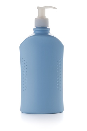 Blue shampoo bottle. Isolated on white backgroundの写真素材