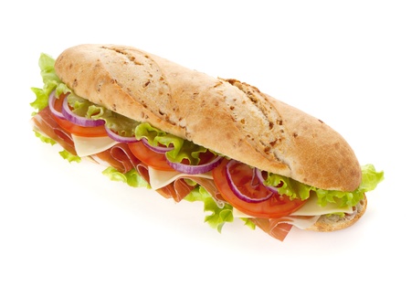 Long sandwich with ham, cheese, tomatoes, red onion and lettuce. Isolated on white. Another angle availableの写真素材