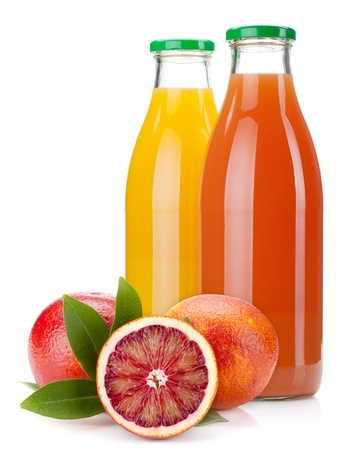 Orange and grapefruit juice bottles. Isolated on white backgroundの写真素材