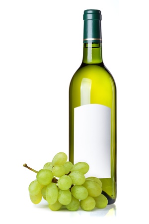White wine in green bottle with blank label and grapes. Isolated on white backgroundの写真素材