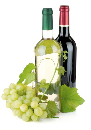 Two wine bottles and grapes. Isolated on white backgroundの写真素材