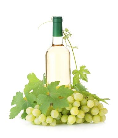 White wine bottle and grapes. Isolated on white backgroundの写真素材
