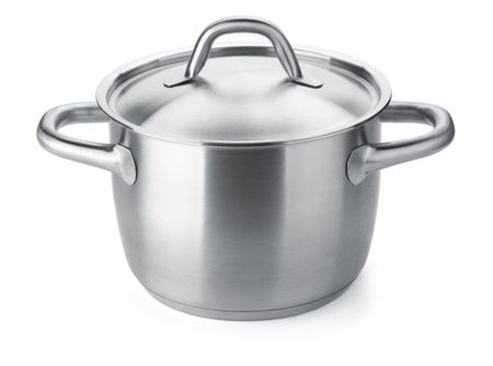 Stainless steel pot. Isolated on white backgroundの写真素材