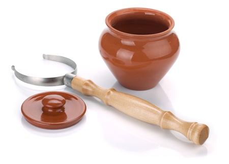 Clay pot and holder. Isolated on white backgroundの写真素材