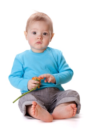 Small baby touching orange flower. Isolated on whiteの写真素材