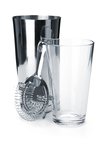 Boston cocktail shaker with strainer. Isolated on white backgroundの写真素材