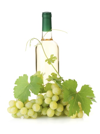 White wine bottle and grapes. Isolated on white backgroundの写真素材
