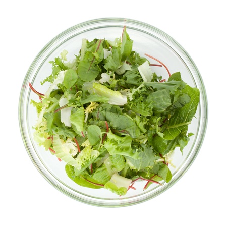 Healthy green salad. Above view. Isolated on white backgroundの写真素材
