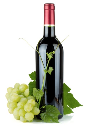 Red wine bottle and grapes. Isolated on white backgroundの写真素材