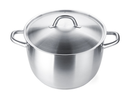 Stainless steel pot. Isolated on white backgroundの写真素材