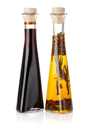 Olive oil and vinegar bottles. Isolated on white backgroundの写真素材