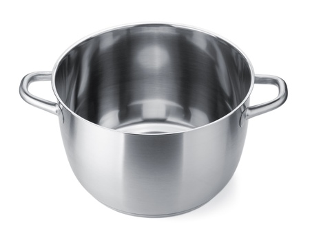 Stainless steel pot without cover. Isolated on white backgroundの写真素材