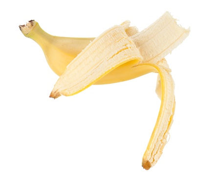 Bitten banana. Isolated on white backgroundの写真素材