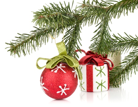Christmas decor with fir tree. Isolated on white backgroundの写真素材
