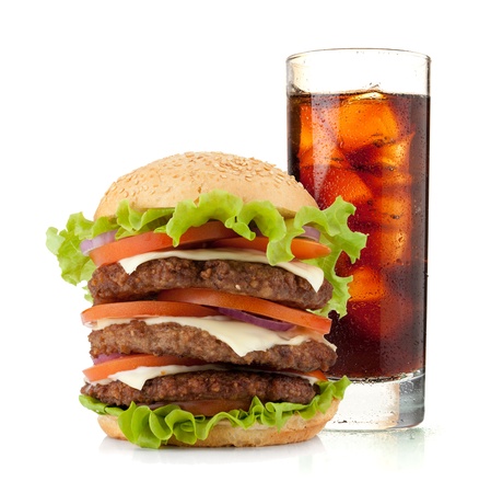 Glass of cola with ice and hamburger. Isolated on white backgroundの写真素材