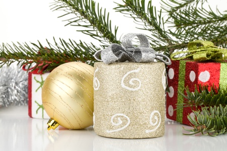 Christmas decor with fir tree. Isolated on white backgroundの写真素材