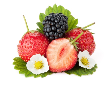 Strawberry and blackberry fruits. Isolated on white backgroundの写真素材
