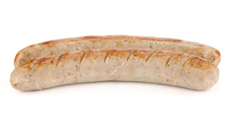 Two grilled sausages. Isolated on white backgroundの写真素材