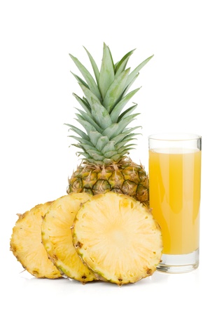 Ripe pineapple and juice glass. Isolated on white backgroundの写真素材