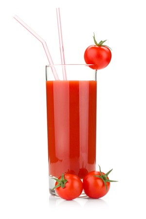Tomato juice in a glass and two cherry tomatoes. Isolated on white backgroundの写真素材