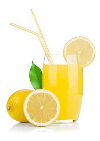 Lemon juice glass and fresh lemons. Isolated on white backgroundの写真素材