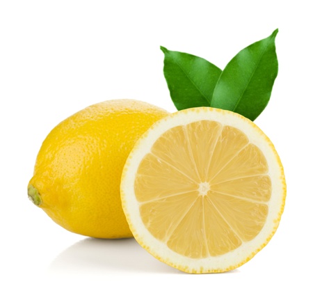 Ripe lemons with green leaves. Isolated on white backgroundの写真素材