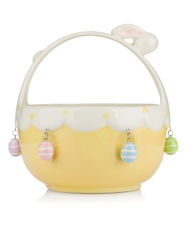 Basket for easter eggs. Isolated on white backgroundの写真素材