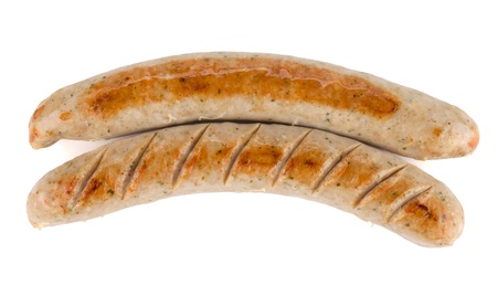 Two grilled sausages. View from above. Isolated on white backgroundの写真素材