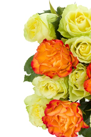 Orange and green roses bouquet. Isolated on white backgroundの写真素材