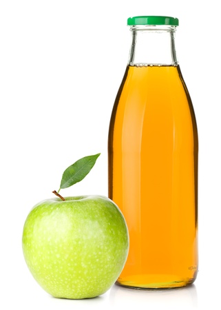 Apple juice in a glass bottle and ripe apple. Isolated on white backgroundの写真素材