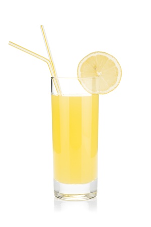 Lemon juice glass and two drinking straw. Isolated on white backgroundの写真素材