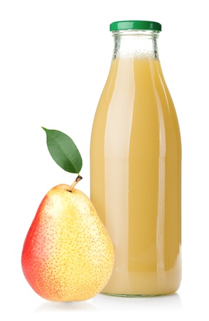Bottle of pear juice and ripe pear  Isolated on white backgroundの写真素材