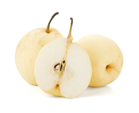White pears. Two and half. Isolated on white backgroundの写真素材