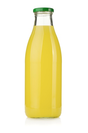 Lemon juice glass bottle. Isolated on white backgroundの写真素材