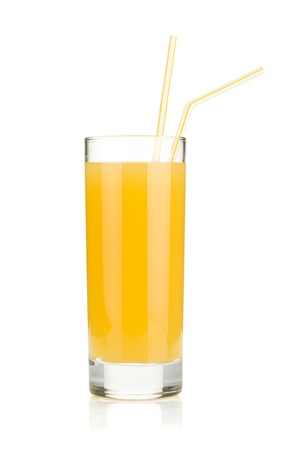 Pineapple juice in a glass with drinking straws. Isolated on white backgroundの写真素材