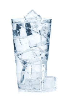 Glass of pure water with ice cubes. Isolated on white backgroundの写真素材