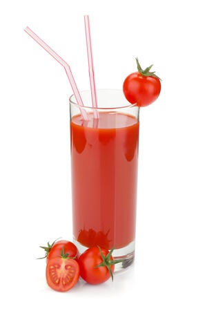 Tomato juice in a glass and cherry tomatoes. Isolated on white backgroundの写真素材