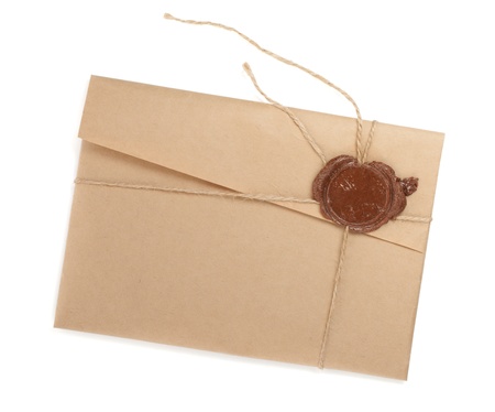 Vintage envelope with stamp. Isolated on white backgroundの写真素材