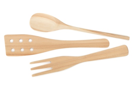 Wooden cooking utensils. Isolated over white backgroundの写真素材