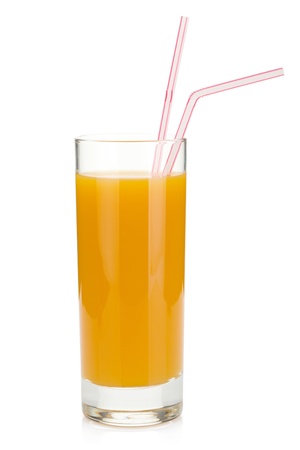 Peach juice in a glass. Isolated on white backgroundの写真素材