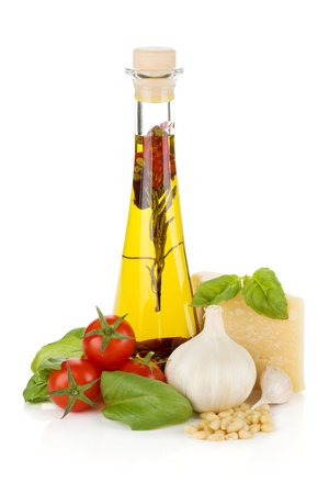 Olive oil, cherry tomatoes, basil, garlic and parmesan. Isolated on white backgroundの写真素材