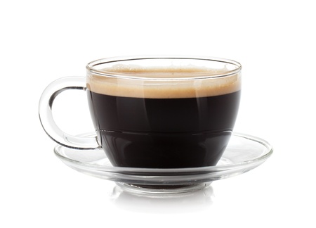 Espresso coffee in glass cup. Isolated on white backgroundの写真素材