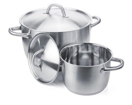 Two stainless steel pots. Isolated on white backgroundの写真素材
