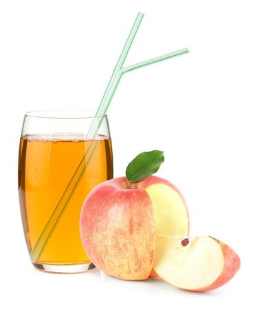 Apple juice in a glass with drinking straws and apple. Isolated on white backgroundの写真素材