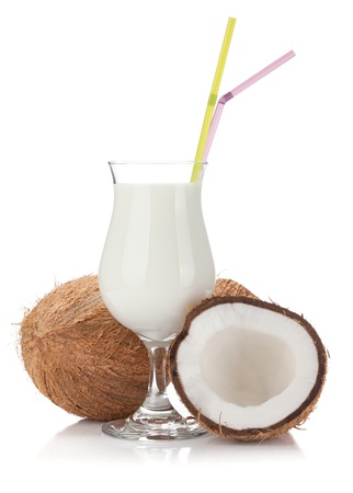 Coconut cream cocktail and coconuts. Isolated on white backgroundの写真素材