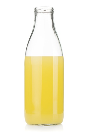 Lemon juice open bottle. Isolated on white backgroundの写真素材