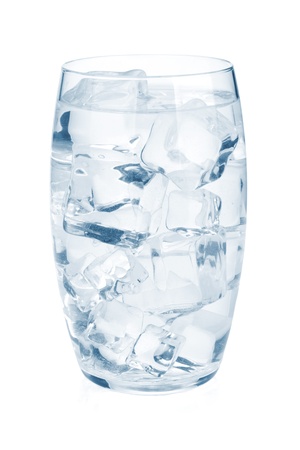 Glass of pure water with ice cubes. Isolated on white backgroundの写真素材