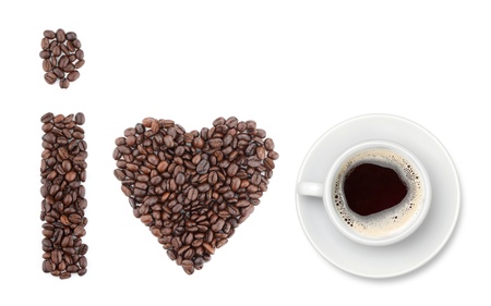 I love coffee. Shapes made from coffee beans. Isolated on white backgroundの写真素材