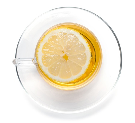 Cup of tea with lemon slice  View from above  Isolated on white backgroundの写真素材