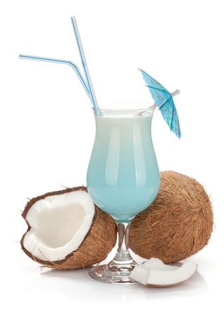 Blue hawaii cocktail and coconuts. Isolated on white backgroundの写真素材